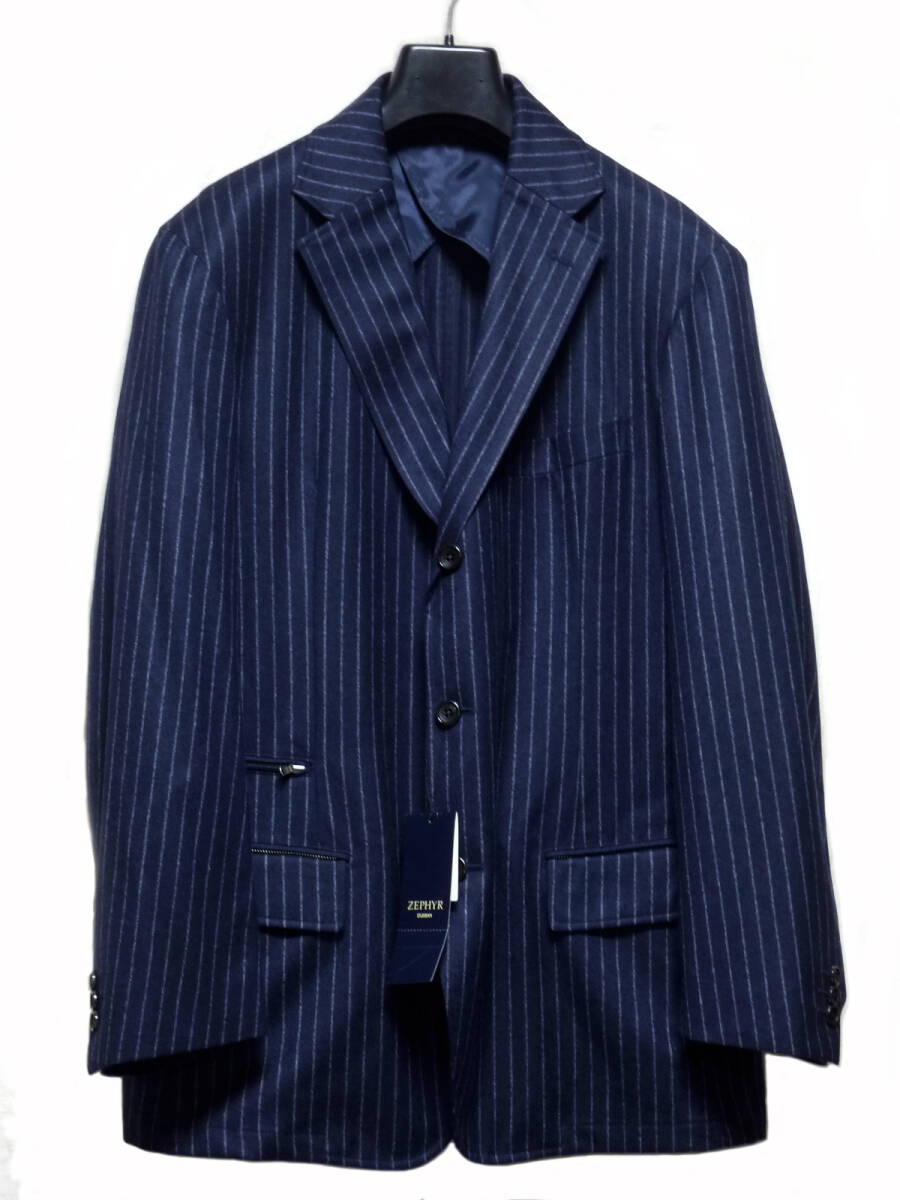 未使用 ゼファー ZEPHYR DURBAN ダーバン 日本製 ストライプ テーラード ジャケット 2L (XL) 紺 ネイビー拍卖