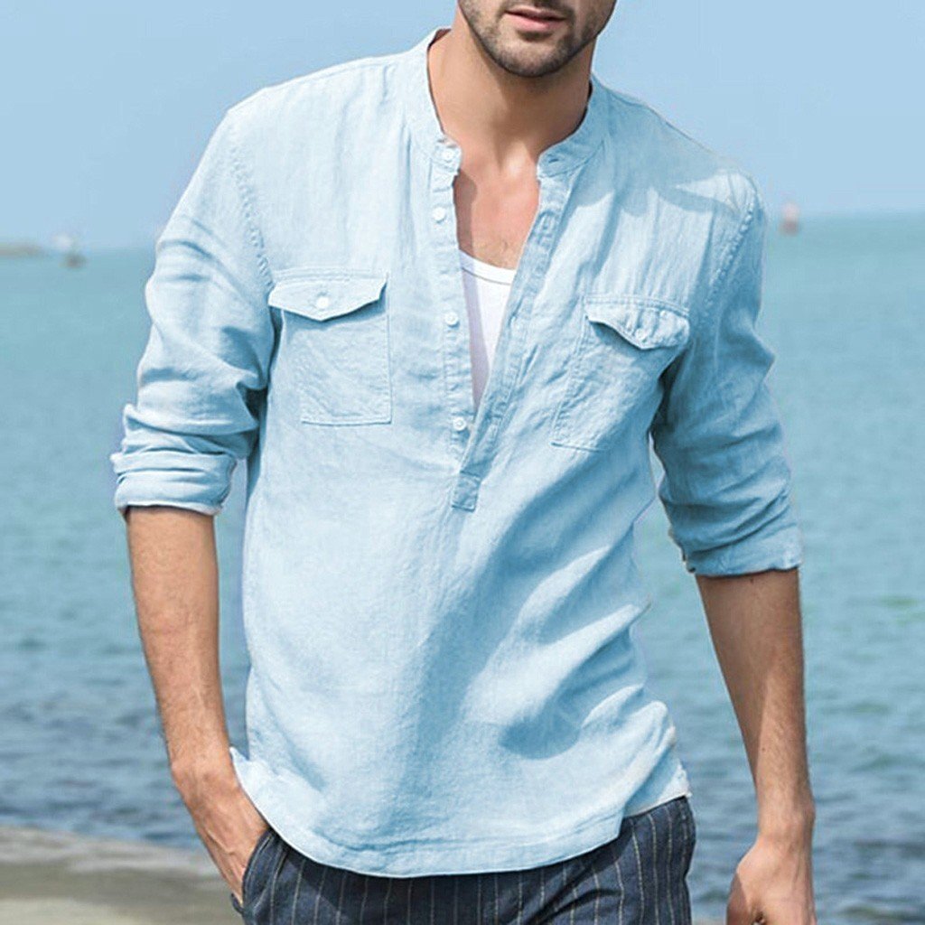 メンズポロシャツ メンズ おしゃれ トップス 長袖 ファッション シャツ 4釦 tシャツ 綿麻 通勤 人気 多機能 カメラマン ブルー L拍卖
