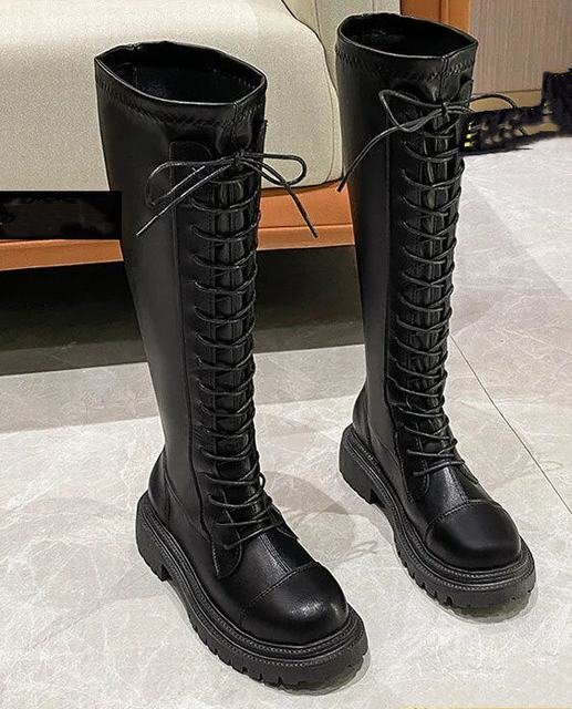 ロングブーツ レースアップ ブーツ レディース 厚底 編み上げ 疲れない 歩きやすい ローヒール ジョッキーブーツ 秋冬ブラック 23.5cm拍卖