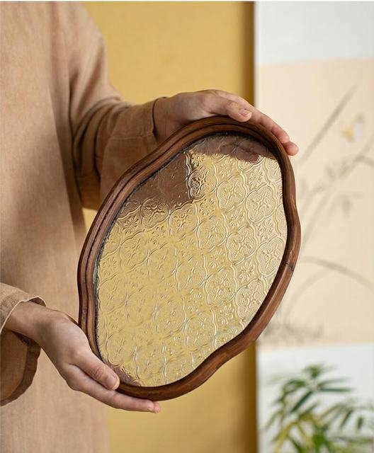 トレー トレイ ガラス 盛器 雲型 楕円 花柄 透明 お皿 プレート 木 ティートレー カフェプレート 花海棠柄 木枠オリエンタル盆トレー拍卖