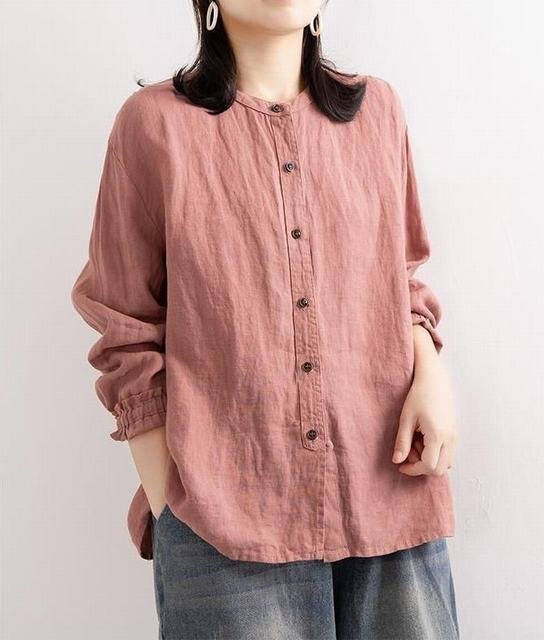 涼しい 綿麻 シャツ レディース ブラウス 春 秋 リネン 長袖 シャツブラウス 麻混 トップス 着心地 ピンク 3XL拍卖