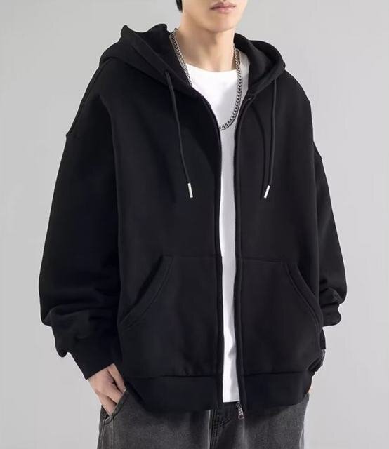 長袖パーカー メンズ トップス ジップアップパーカー スポーツ カラバリ 秋 無地 通勤 通学 ブラック 2XL拍卖