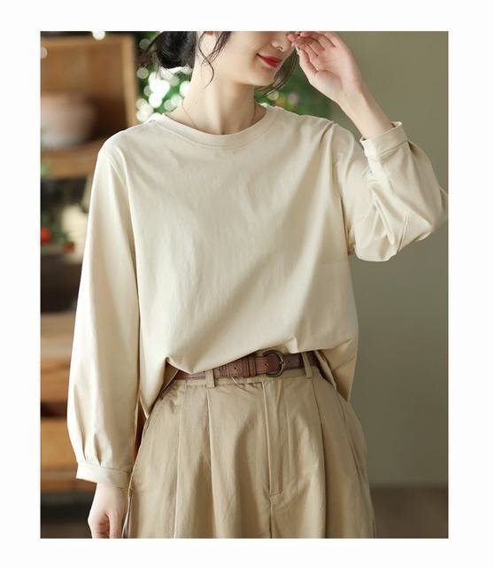春 秋 Tシャツ レディース 長袖 カットソー 綿 着回し 着心地いい スウェット トレーナー カジュアル ベージュ 3XL拍卖