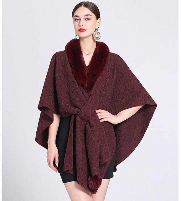 ニットポンチョ エコファー付き ストール マフラー ケープ レディース ふわふわ ポンポン フェイクファー アウター 毛皮コート ワイン拍卖