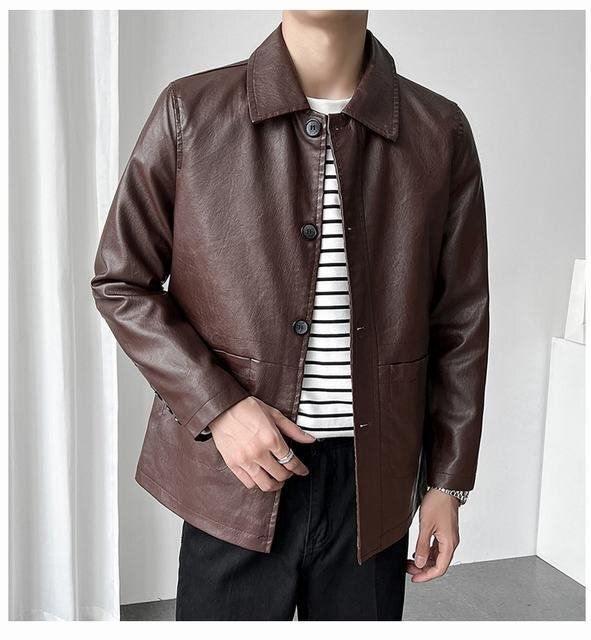 革ジャン メンズ ジャケット PUレザーライダースジャケット 防風 フェイクレザー コート かっこいい 秋 冬 ブラウン 5XL拍卖