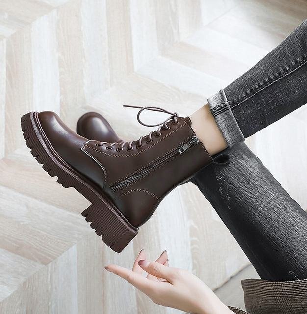 ブーツ レディース 編み上げブーツ サイドジップ 痛くない 疲れない シューズ 春秋 軽量 薄め 靴 レースアップ ブーティ ブラウン 23cm拍卖