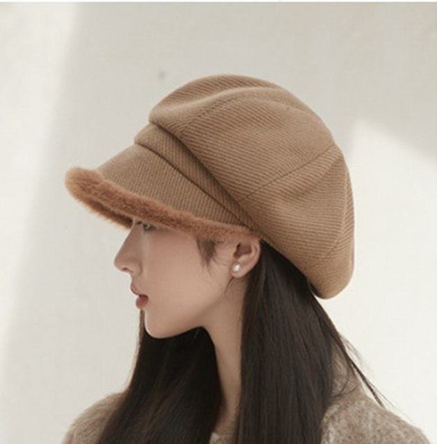 帽子 レディース 秋冬 キャスケット ベレー帽 防寒 もこもこ 裏起毛 暖かい 可愛い つば付き ハット モコモコ 小顔効果 キャメル拍卖