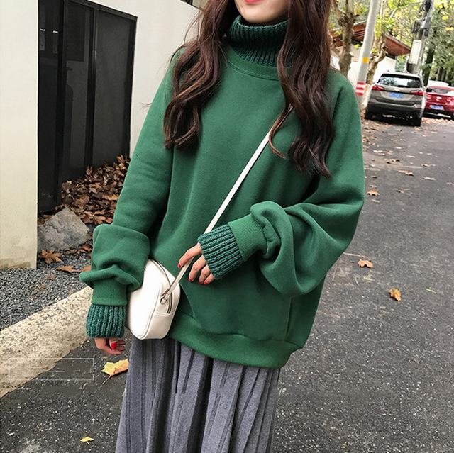 ハイネックトレーナー 重ね着 裏起毛 スエット レディース 大きめ プルオーバー トップス 長袖 ゆったり グリーン拍卖