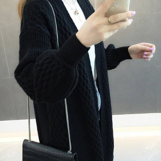 レディース ニット カーディガン ミドル丈 アーズニット アウター セーター ゆったり シンプル 可愛い フリーサイズ ブラック拍卖