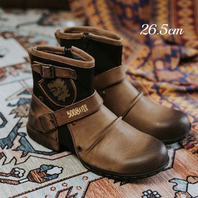 ワークブーツ ブーツ メンズブーツ シューズ レザー靴 ライダース ハイカット ミリタリー カジュアル 身長アップ ブラウン 26.5cm拍卖