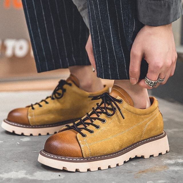 スニーカー メンズ 靴 ローカット 厚底 本革 ウォーキングシューズ カジュアルシューズ 通学靴 ライダース イエロー 25.5cm拍卖
