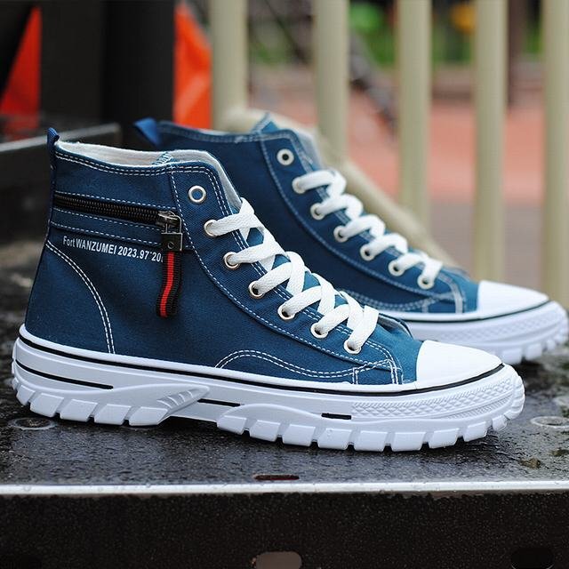 キャンバス スニーカー ハイカット メンズ レースアップ 靴 シューズ 歩きやすい カジュアルシューズ 厚底 ブルー 25.5cm拍卖
