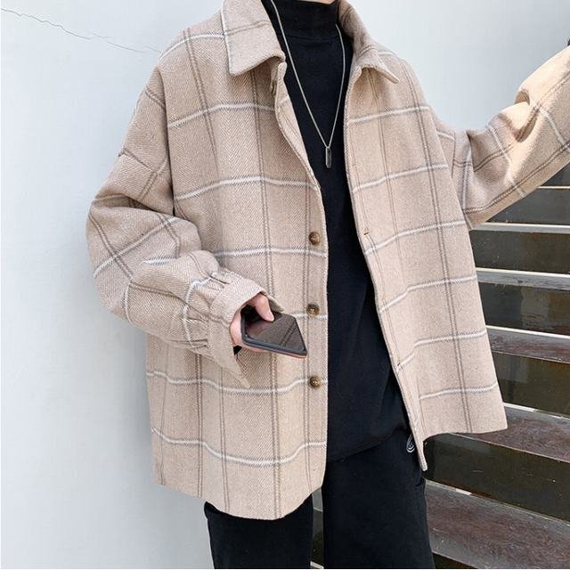 シャツジャケット メンズ アウター チェック柄起毛長袖 厚手 ユニセックス 秋 冬 カーキ 2XL拍卖