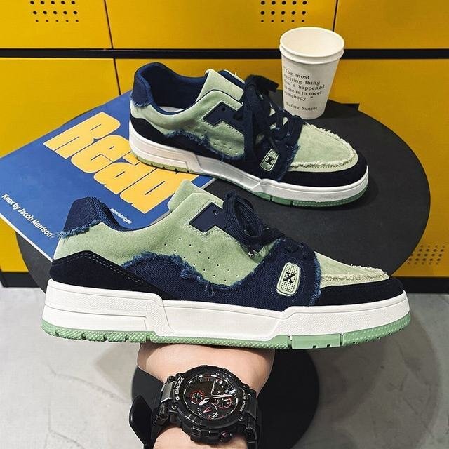 スケーボーシューズ スリッポン スニーカー メンズ シューズ 靴 ぺたんこ カジュアル デニム風 歩きやすい グリーン 25cm拍卖