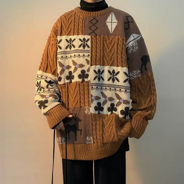 メンズニット セーター メンズ 編みニット 長袖 男性 秋冬 防寒 ゆったり トップス コーヒー 3XL拍卖