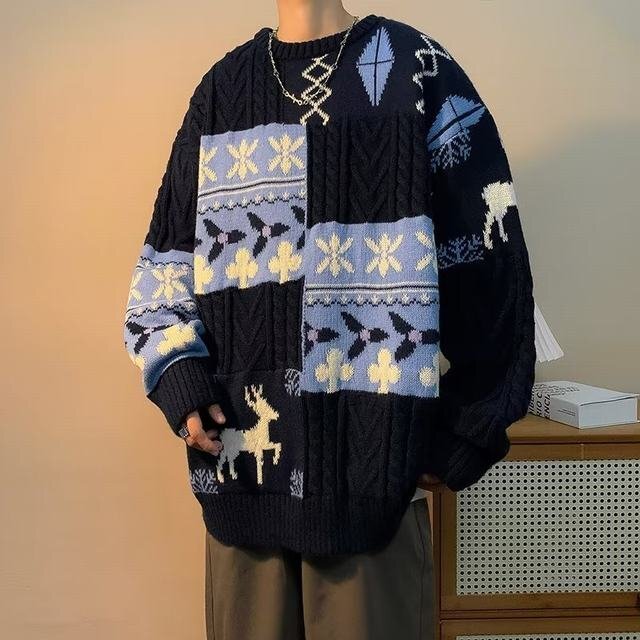メンズニット セーター メンズ 編みニット 長袖 男性 秋冬 防寒 ゆったり トップス ネイビー XL拍卖