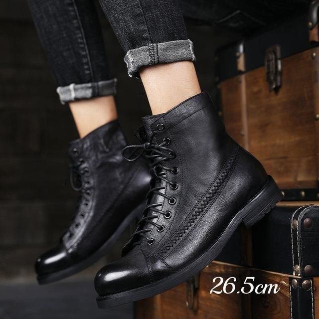 ブーツ ワークブーツ メンズ シューズ マーティンブーツ 靴 紐靴 革靴 ハイカット カジュアル ブラック 26.5cm拍卖