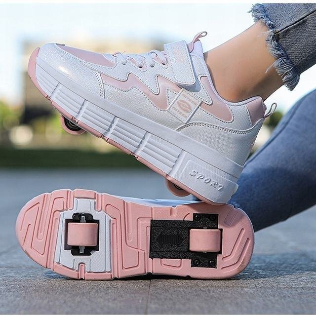 ローラーシューズ ローラースケート キッズ 2輪式 前輪取外し可能後輪 ワンボタン収納 運動靴 ピンク 23cm拍卖