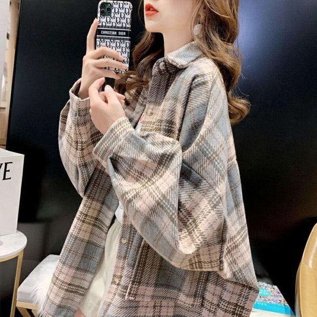 シャツ レディース 長袖 秋 秋冬 チェック柄 トップス ポリエステル オーバーサイズ ドロップショルダー A02 XL拍卖