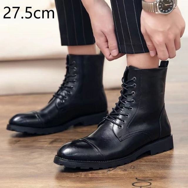 チェルシーブーツ ビジネスブーツ 本革 メンズ ブーツ フォーマル カジュアル ハイカット 紐靴 防水 革靴 ブラック 27.5CM拍卖