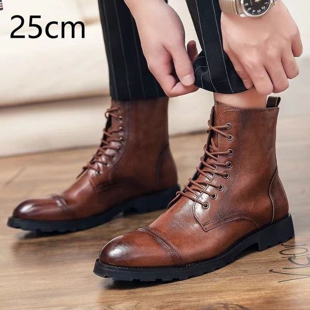 チェルシーブーツ ビジネスブーツ 本革 メンズ ブーツ フォーマル カジュアル ハイカット 紐靴 防水 革靴 ブラウン 25CM拍卖