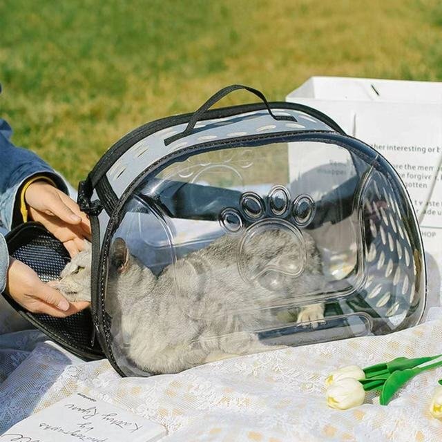 キャリーバッグ 折り畳式 ショルダーベルト 猫バッグ 犬 小動物 肩掛ベルト付 飛び出し防止 通気性 透明グレー拍卖