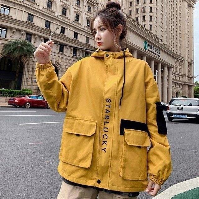春秋ウインドブレーカージャケットアウター長袖ブルゾンジャンパーレディースフード付きゆったり イエロー L拍卖