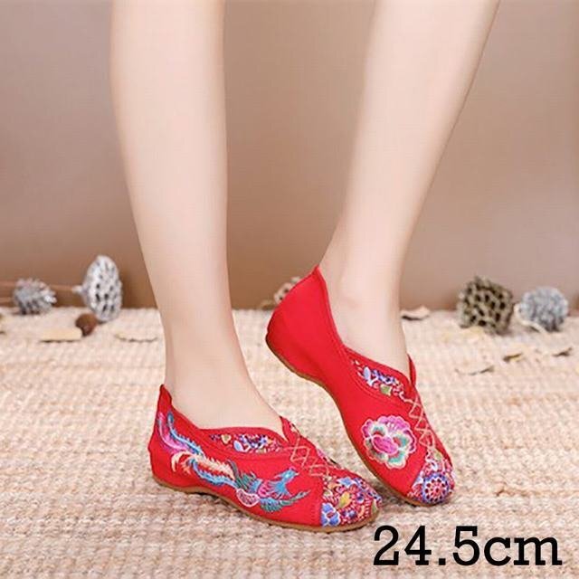 レディースシューズ 布素材中華刺繍手作り チャイナシューズ 北京靴 痛くない 森ガール スニーカー ダンスシューズ 赤24.5cm拍卖