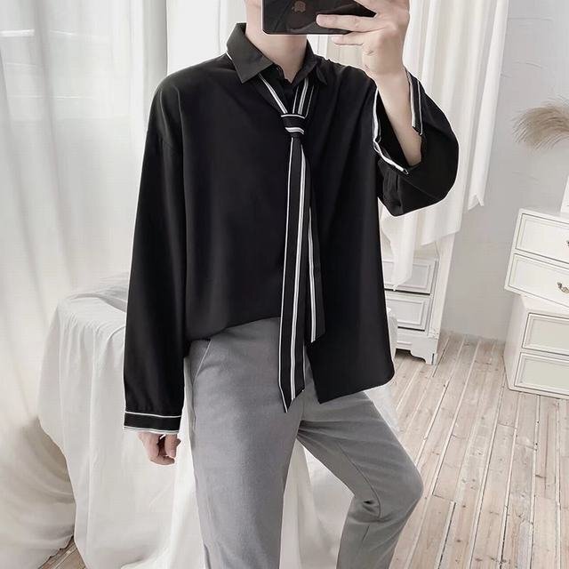 長袖シャツ メンズ 秋 春 涼しい ビジネスシャツ サラリーマン 無地 カジュアル メンズファッション ブラック 2XL拍卖