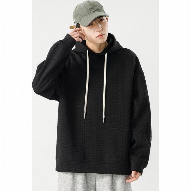 パーカー メンズ 秋物パーカー プルオーバーパーカー トップス 長袖 ケーブルジャガード 防寒 秋 ブラック 2XL拍卖