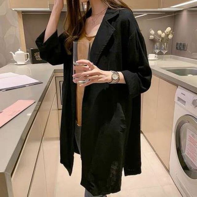 トレンチコート レディース カーディガン 春 スプリングコート コットンリネン ロングコート 綿麻混 ブラック L拍卖