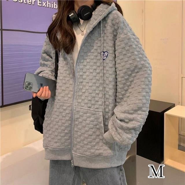 パーカー レディース トップス チェック ファスナー付き フード カジュアルウエア オーバーサイズ ゆったり グレーm拍卖