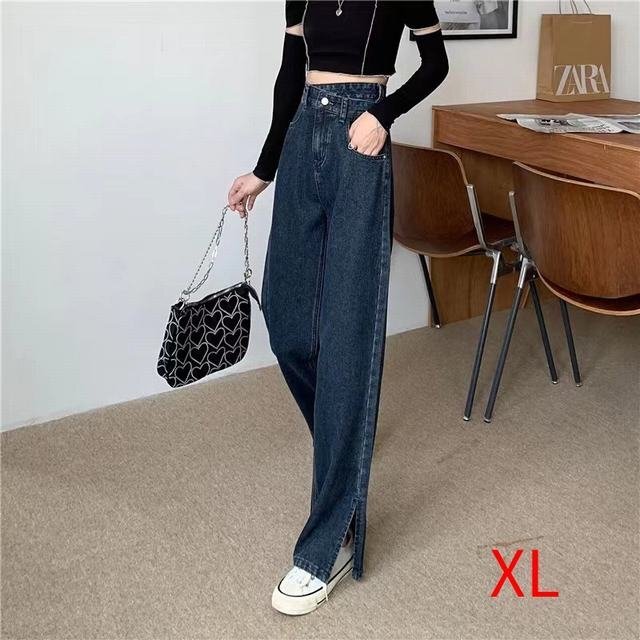 ストレートデニムパンツ ハイウエスト美脚 ブルー&グレーXL拍卖