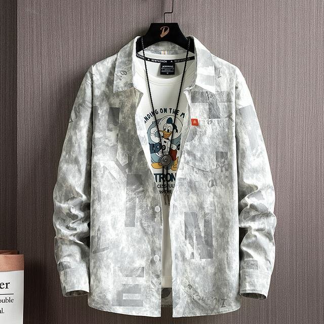 柄シャツ メンズ 長袖 カジュアルシャツ ワイシャツ ボタンシャツ 開襟シャツ 春 秋 トップス 長袖シャツ ライトグレー 2XL拍卖