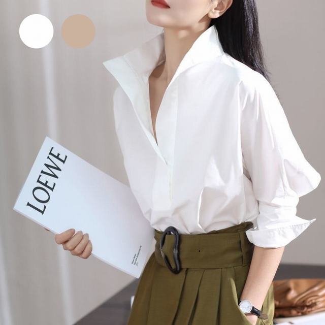 長袖シャツ ブラウス シャツ レディース トップス 上着 ビジネス Vネック ショット丈 インナー 長袖 春秋コーデ ホワイト Sサイズ拍卖