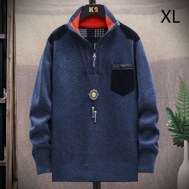 メンズ ニット セーター アウター ハーフジップ メンズトップス 長袖 ファッション おしゃれ 人気 カジュアル ネイビーXLサイズ拍卖
