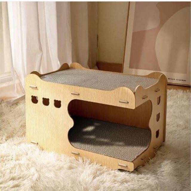 キャットハウス 猫ハウス 爪とぎ2枚付き 猫おもちゃ 木製 ストレス解消 2匹飼養 上下2段 爪研ぎ Aタイプ拍卖