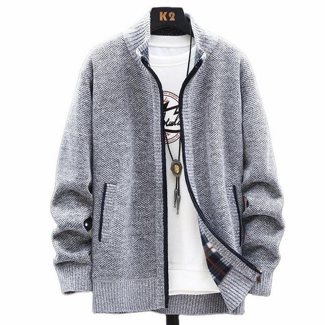 カーディガン ニットジャケット メンズ トップス 長袖 裹起毛 ニット 厚手 防寒 あったか ジップアップ 秋冬 ライトグレー M拍卖