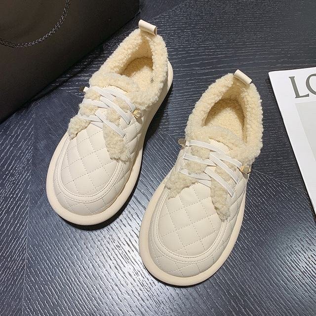 モカシン ムートンパンプス ボアシューズ キルディング ファーシューズ レディース 裏起毛 フラットシューズ 防寒 靴 米色24 cm拍卖