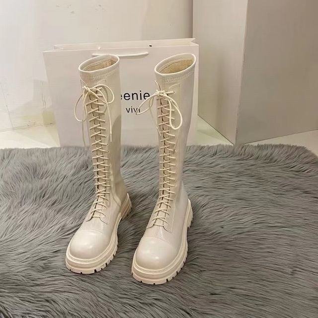 ロングブーツ レースアップ ブーツ レディース 厚底 編み上げ 疲れない 歩きやすい ローヒール ジョッキーブーツ 秋冬 ベージュ 25.0cm拍卖