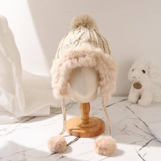 ニット帽 レディース キャップ 耳付きキャップ ポンポン ニットキャップ 冬シンプル 冬物 暖かい 防寒 可愛い 小顔効果 ベージュ拍卖