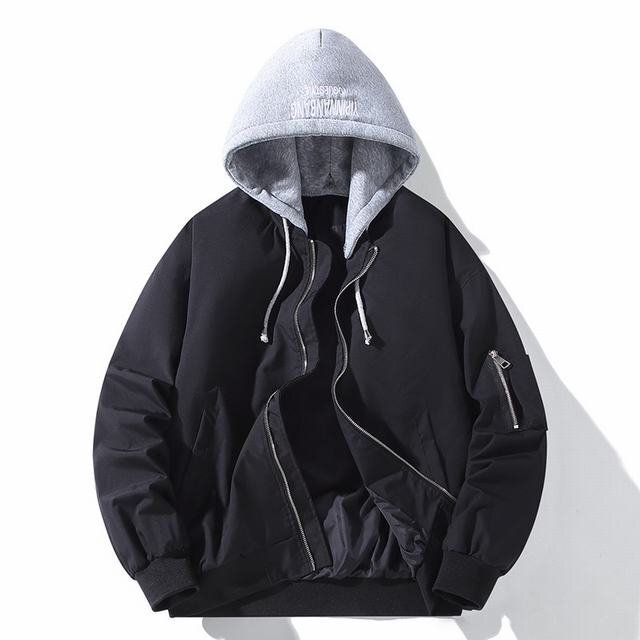 メンズスタジャン コーチジャケット メンズ アウター ブルゾン シャツジャケット 秋春服 取り外しフード付き カジュアル ブラック 5XL拍卖