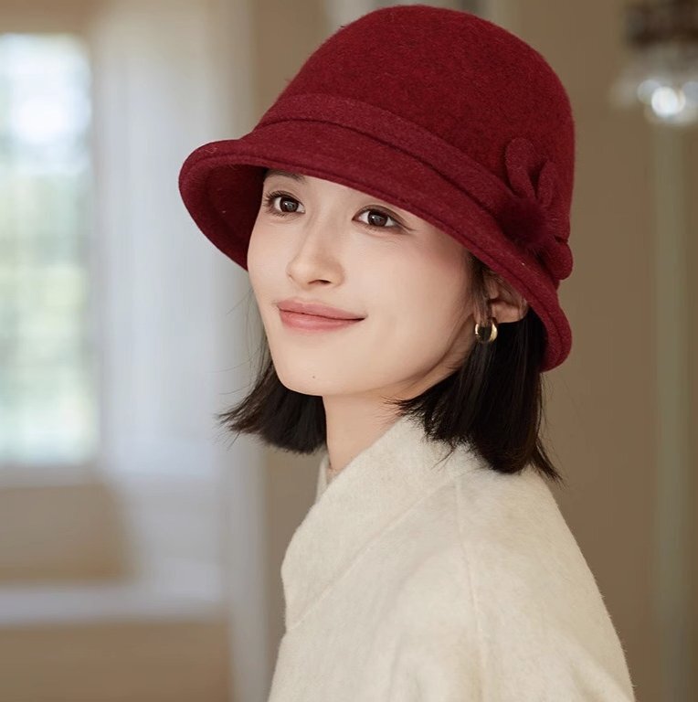 バケットハット 帽子 レディース ウール混 日焼け対策 UV おしゃれ リゾート ハット 秋 冬 お出かけ 通勤 レッド拍卖