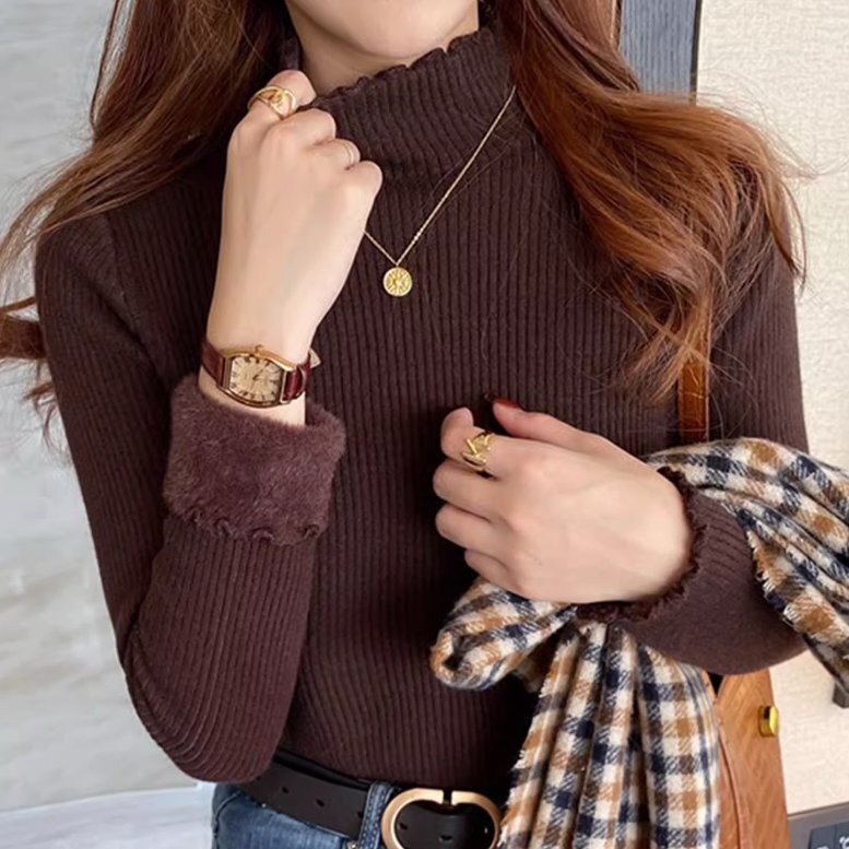 リブニット ニットトップス インナー ニットソー ハイネック 長袖 裏起毛 フリルネック 無地 秋 冬 あったか 暖か コーヒー拍卖