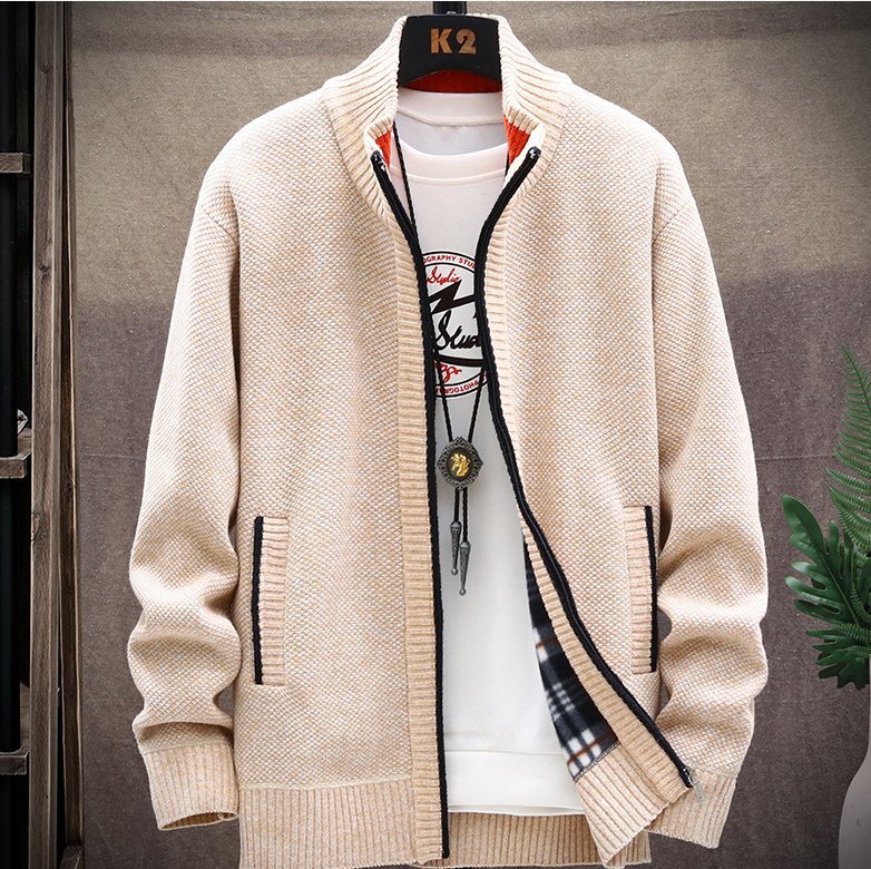 カーディガン ニットジャケット メンズ トップス 長袖 裹起毛 ニット 切り替え 厚手 防寒 あったか ジップアップ カーキ XL拍卖