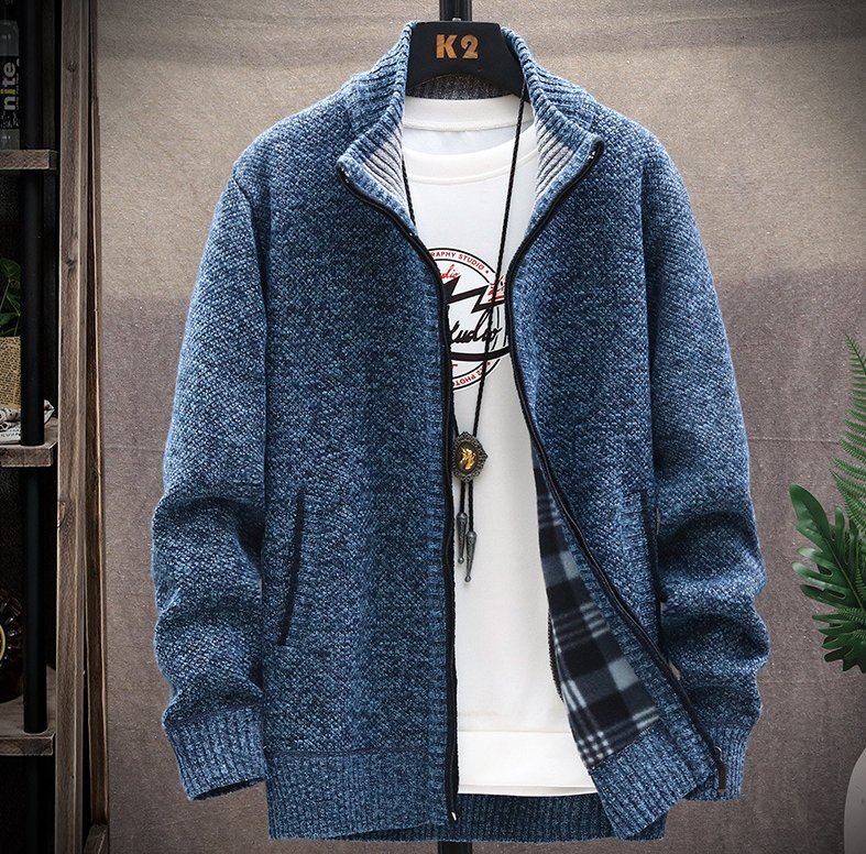 カーディガン ニットジャケット メンズ トップス 長袖 裹起毛 ニット 切り替え 厚手 防寒 あったか ジップアップ ブルー XL拍卖