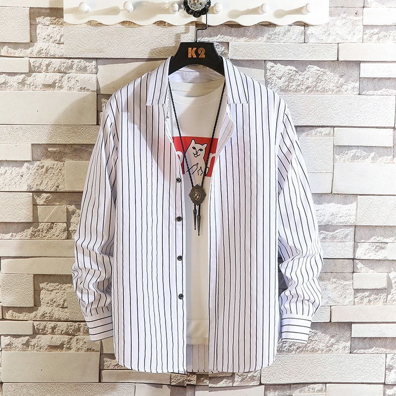 メンズ長袖シャツ カジュアルシャツ メンズ シャツ トップス 上着 長袖 ストライプシャツ メンズファッション 細身 ブラック XL拍卖