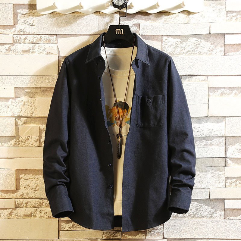 メンズ長袖シャツ カジュアルシャツ メンズ シャツ オーバーシャツ ノーカラーシャツ バンドカラーシャツ 長袖シャツ ネイビー2XL拍卖