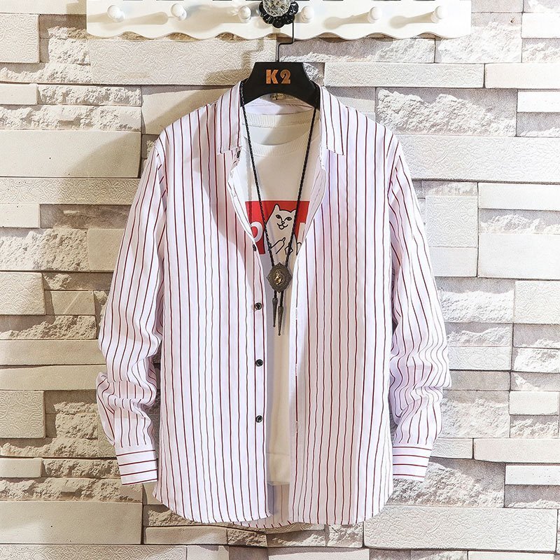 メンズ長袖シャツ カジュアルシャツ メンズ シャツ トップス 上着 長袖 ストライプシャツ メンズファッション 細身 レッドa 2XL拍卖