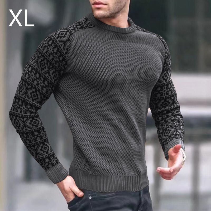 メンズ長袖 トップス ニット セーター インナー おしゃれ レース アウター クルーネック 通勤 スリム 細身 ダークグレーXLサイズ拍卖